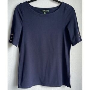 Lauren Ralph Lauren Blouse‎ Women Medium Navy Top Short Sleeve Crew Neck Buttons